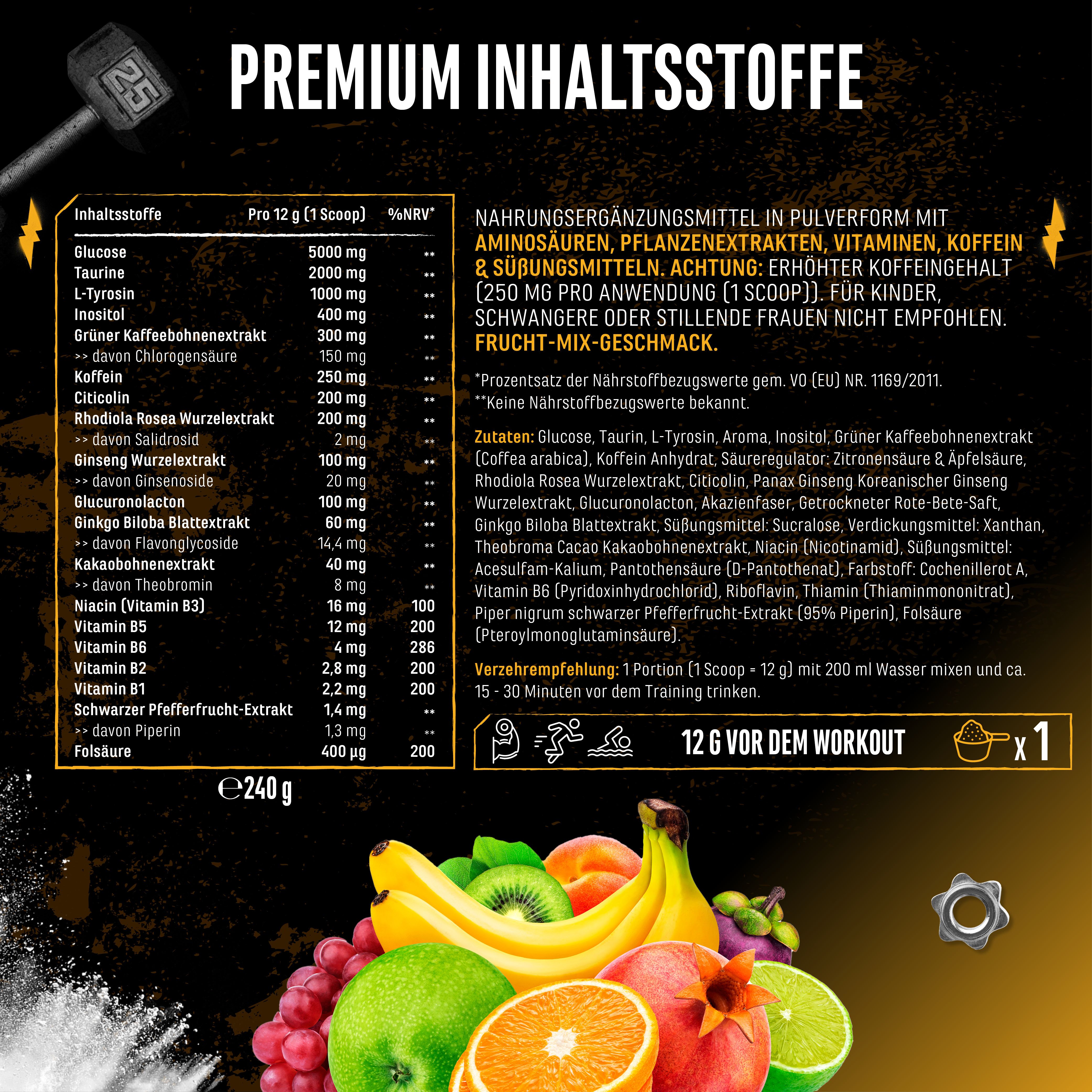 Nährwerttabelle für Focus to the Limit. Enthält Aminosäuren, Pflanzenextrakte, Vitamine, Koffein. Frucht-Mix-Geschmack.