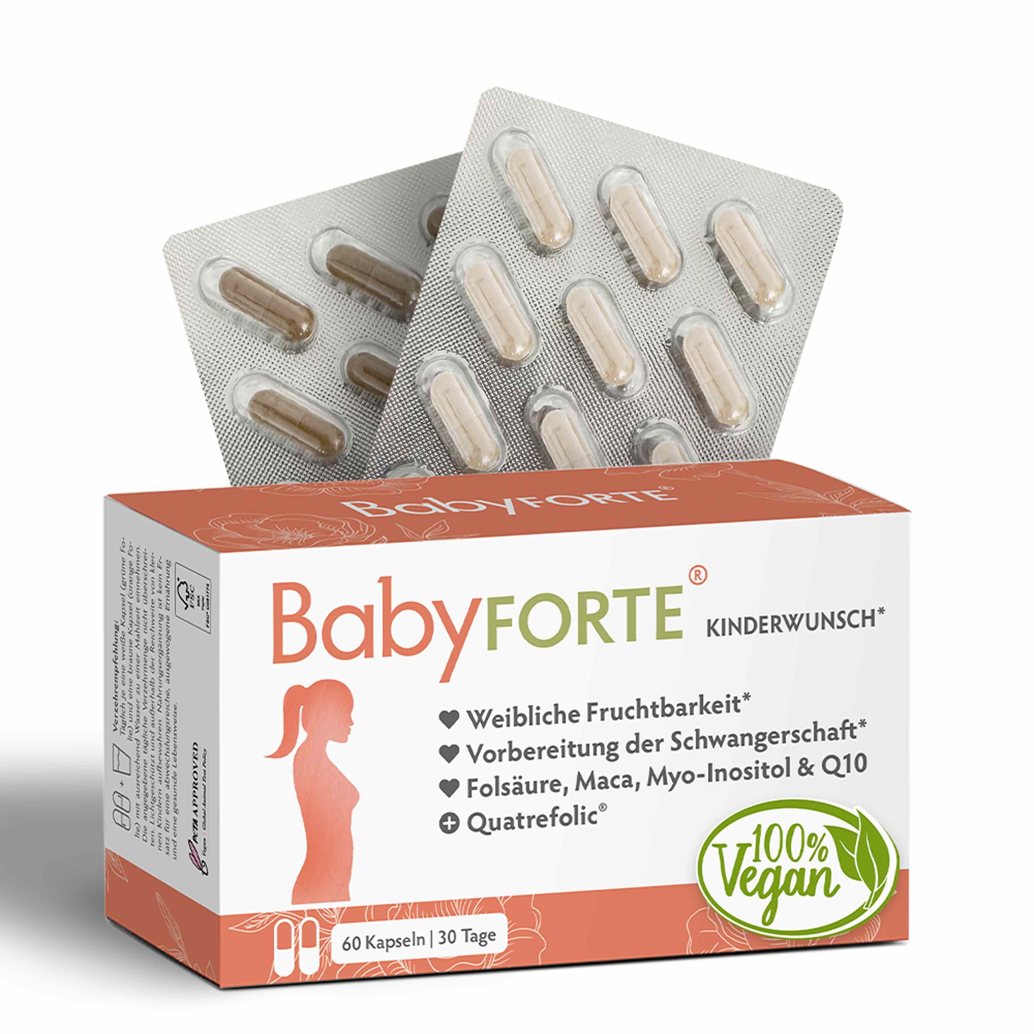 BabyFORTE Kinderwunsch Vitamine Packung mit Kapseln in Blistern. 100% vegan, 60 Kapseln. Enthält Folsäure, Maca, Q10.