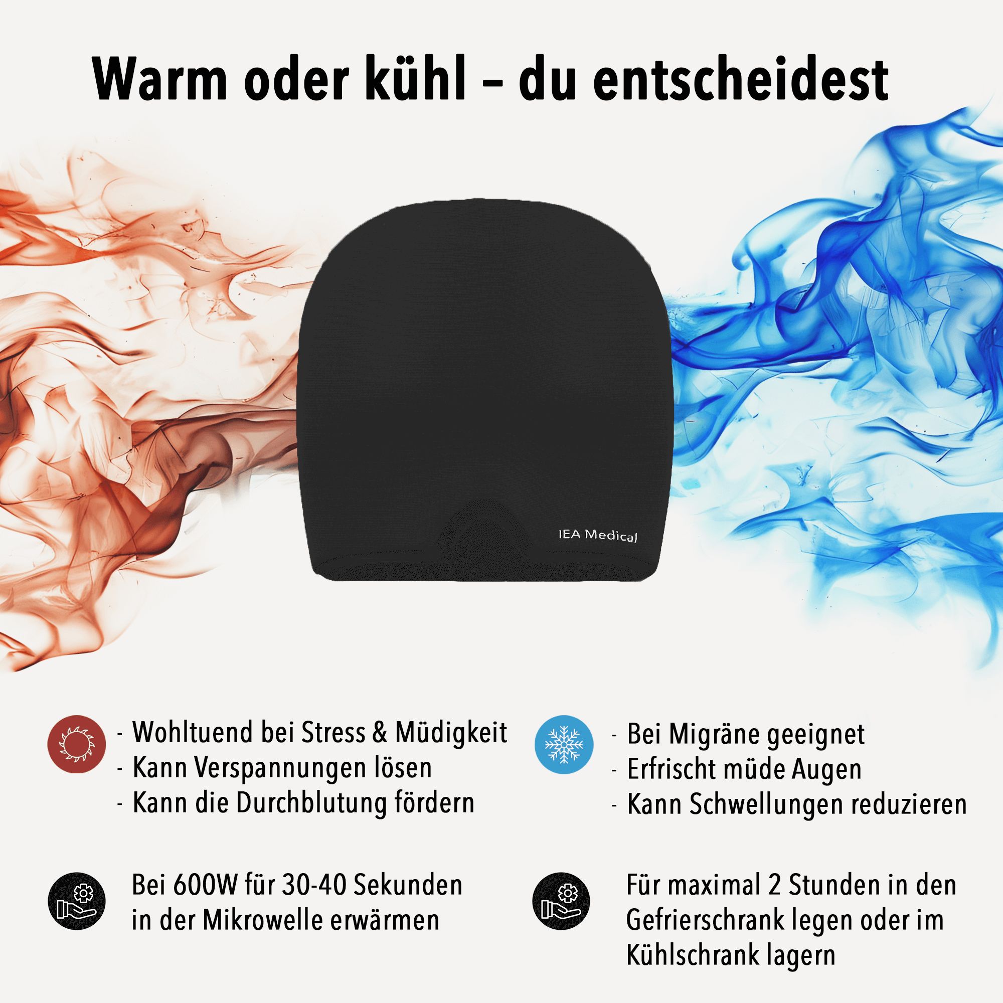 Schwarze IEA Medical Migränemaske, umgeben von roten und blauen Flammen.