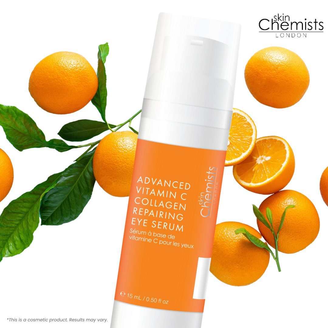 Produkt neben Orangen. Aufschrift: Advanced Vitamin C Collagen Repairing Eye Serum. Marke SkinChemists.
