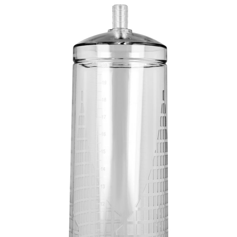 Transparenter Zylinder mit Messskala. Oberteil und Basis aus schwarzem Kunststoff. Zylinder mit vertikalen Linien.