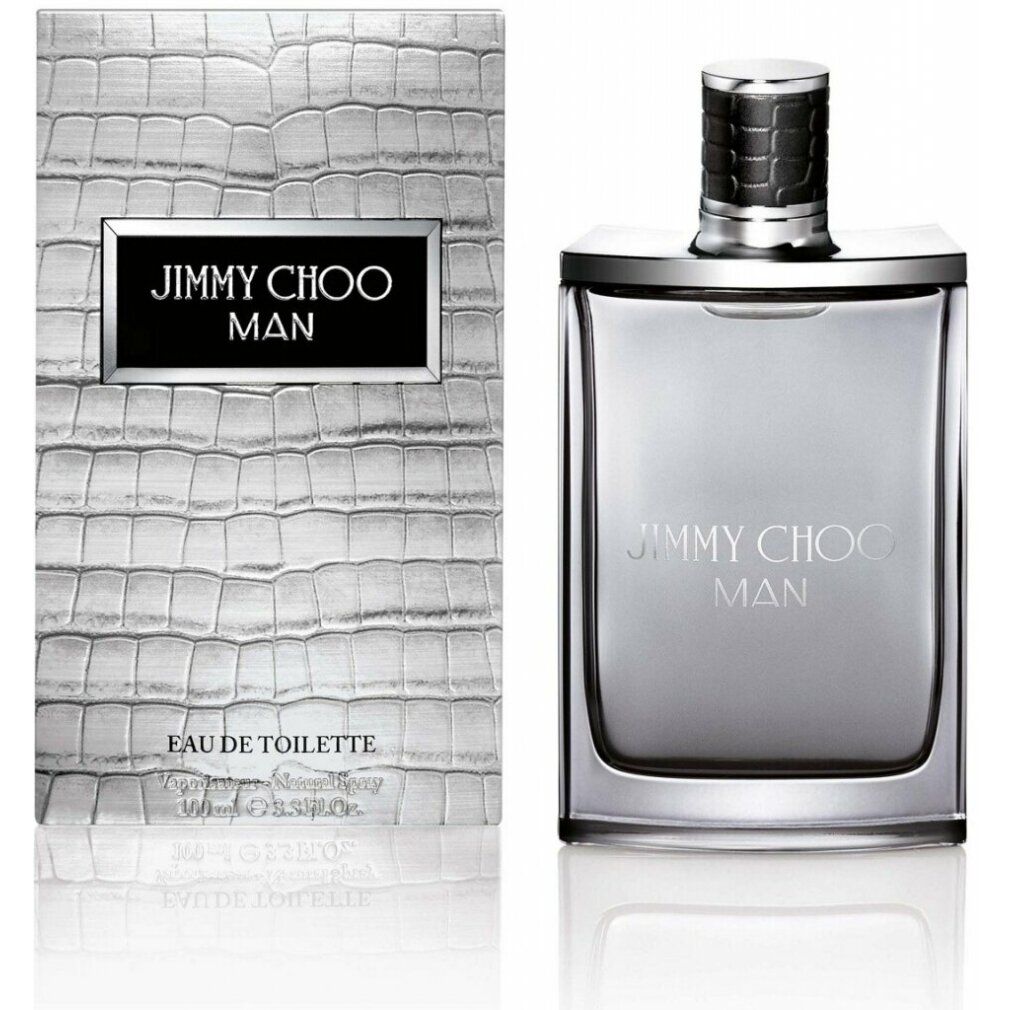 Graue Schachtel und Flakon. Auf der Schachtel steht „JIMMY CHOO MAN“ und „EAU DE TOILETTE“. Der Flakon ist grau mit silbernem Deckel.