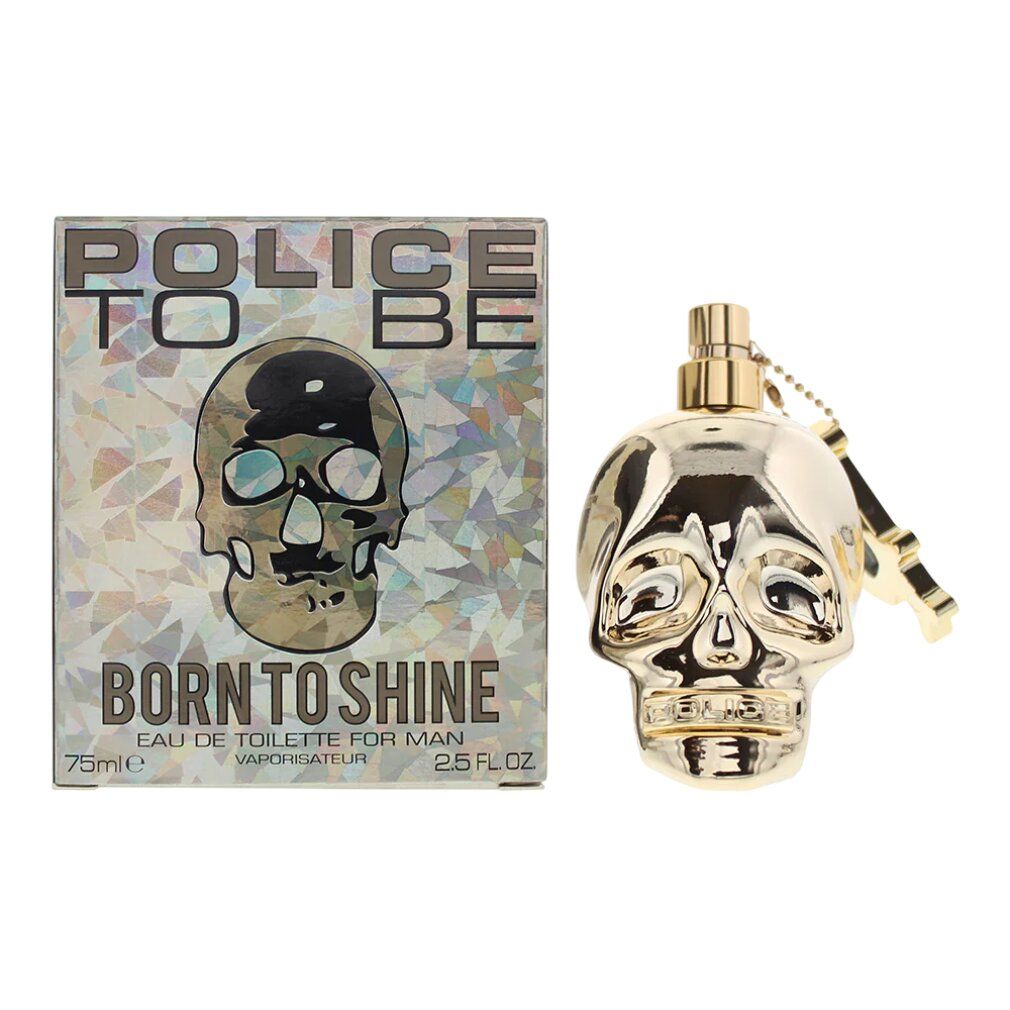 Flakon und Verpackung. Aufschrift: POLICE TO BE BORN TO SHINE. Flakon in Totenkopf-Form.