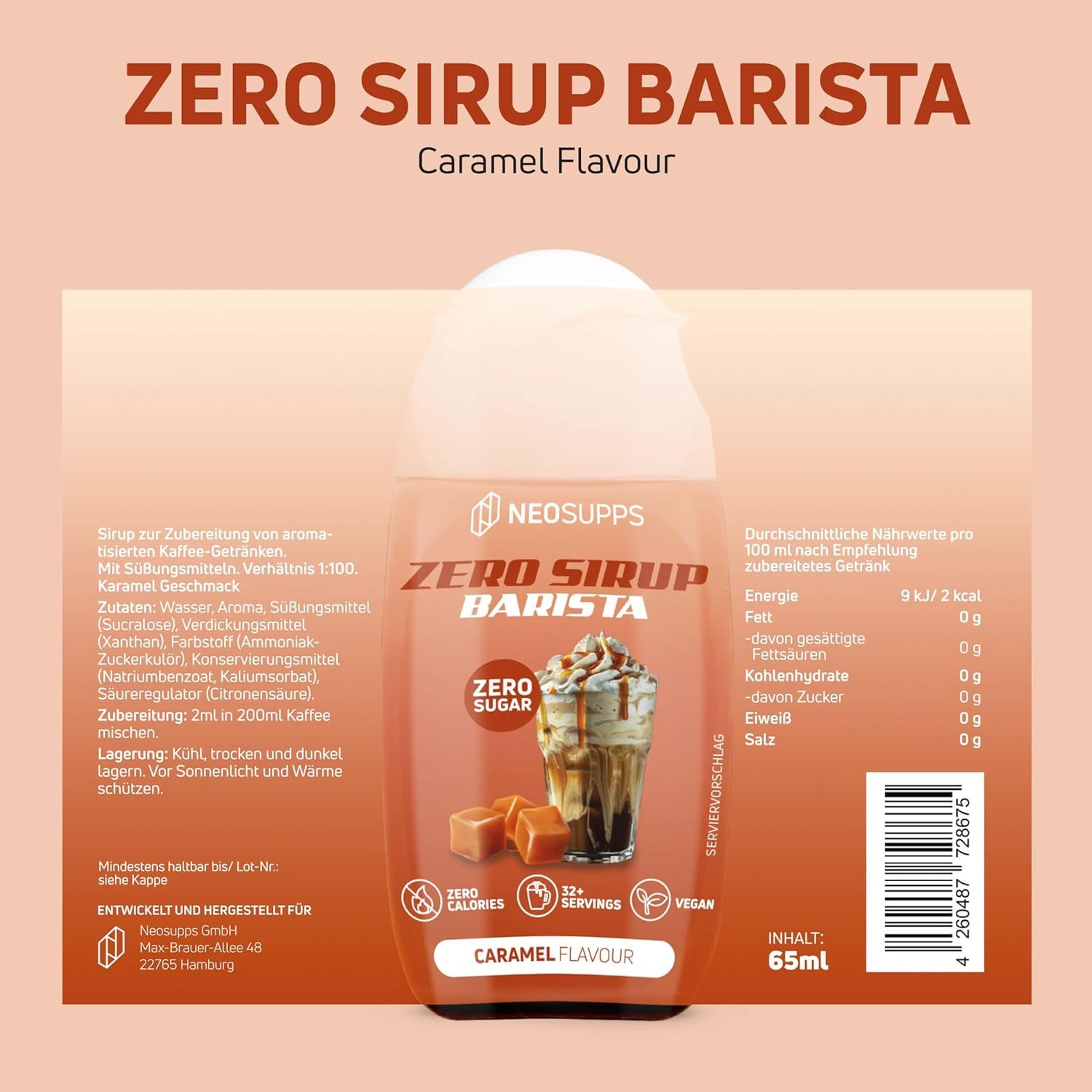 Neosupps Zero Sirup Barista Flasche. Aufschrift: Caramel Flavour, Zero Sugar, 65ml, vegan. Nährwerttabelle.