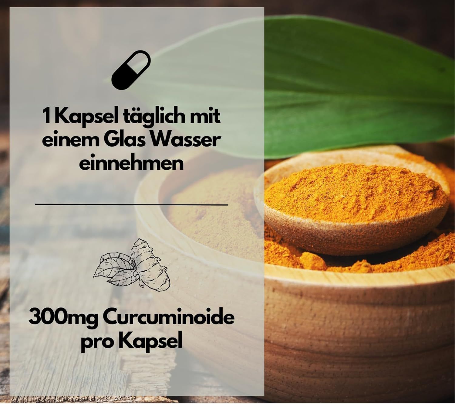 Grafik mit Text und Illustrationen. Zeigt eine Kapsel, Kurkumapulver in einer Schale und Text: 300mg Curcuminoide pro Kapsel.