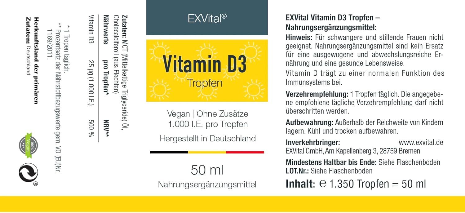 Etikett von EXVital Vitamin D3 Tropfen. Enthält Produktnamen, Nährwertangaben, Inhaltsstoffe, und Informationen zur Anwendung.