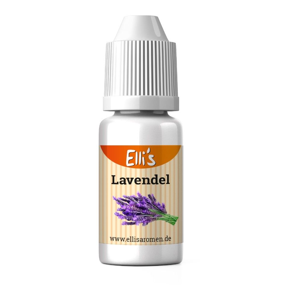 Fläschchen mit weißem Deckel. Etikett mit "Elli's Lavendel" und Lavendel-Illustration. www.ellisaromen.de.