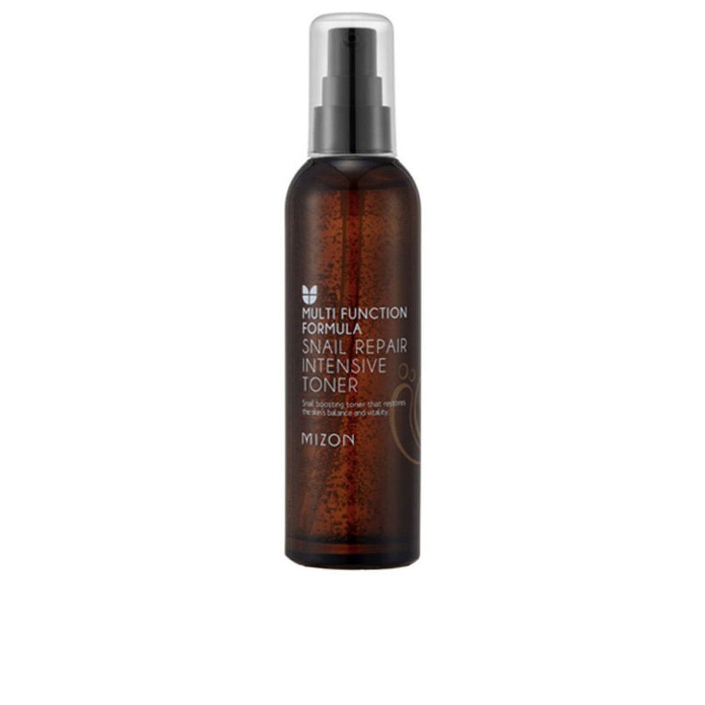 Braune Flasche mit Zerstäuber. Aufschrift: Multi Function Formula, Snail Repair Intensive Toner. Marke: MIZON.