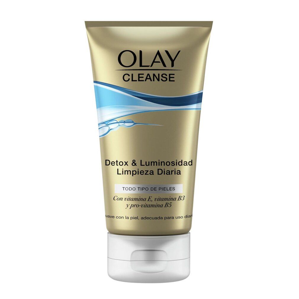 Goldfarbene Tube mit weißem Deckel. Oben steht Olay Cleanse. Darunter Detox & Luminosidad. Für alle Hauttypen.