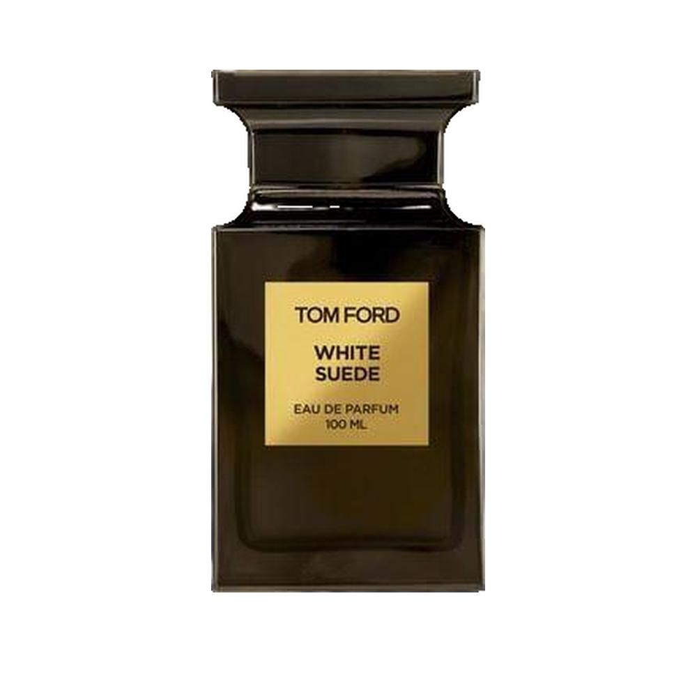 Schwarzer Flakon von Tom Ford White Suede Parfum. Goldfarbenes Etikett mit Produktnamen. 100 ml.