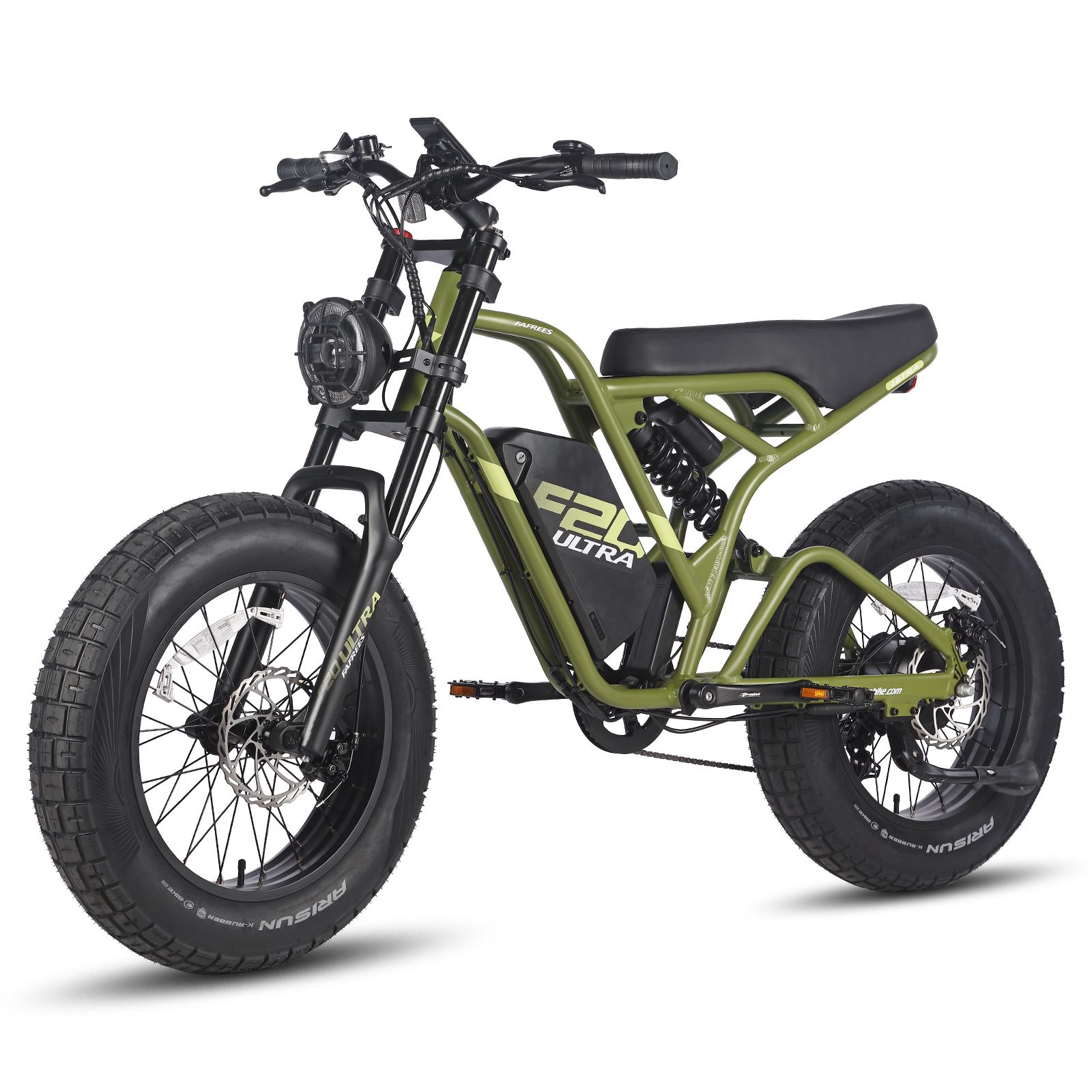 Grünes Elektro-Dirtbike mit schwarzen Reifen und Sattel. Auf dem Rahmen steht "F20 ULTRA".