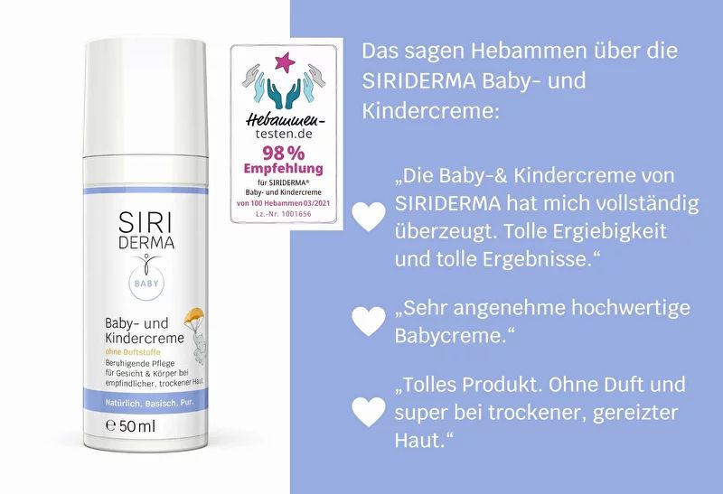 Flasche mit Aufschrift SIRIDERMA Baby. Text: Hebammen empfehlen. 98% Empfehlung. Zitate zur Babycreme: tolle Ergebnisse, angenehm.