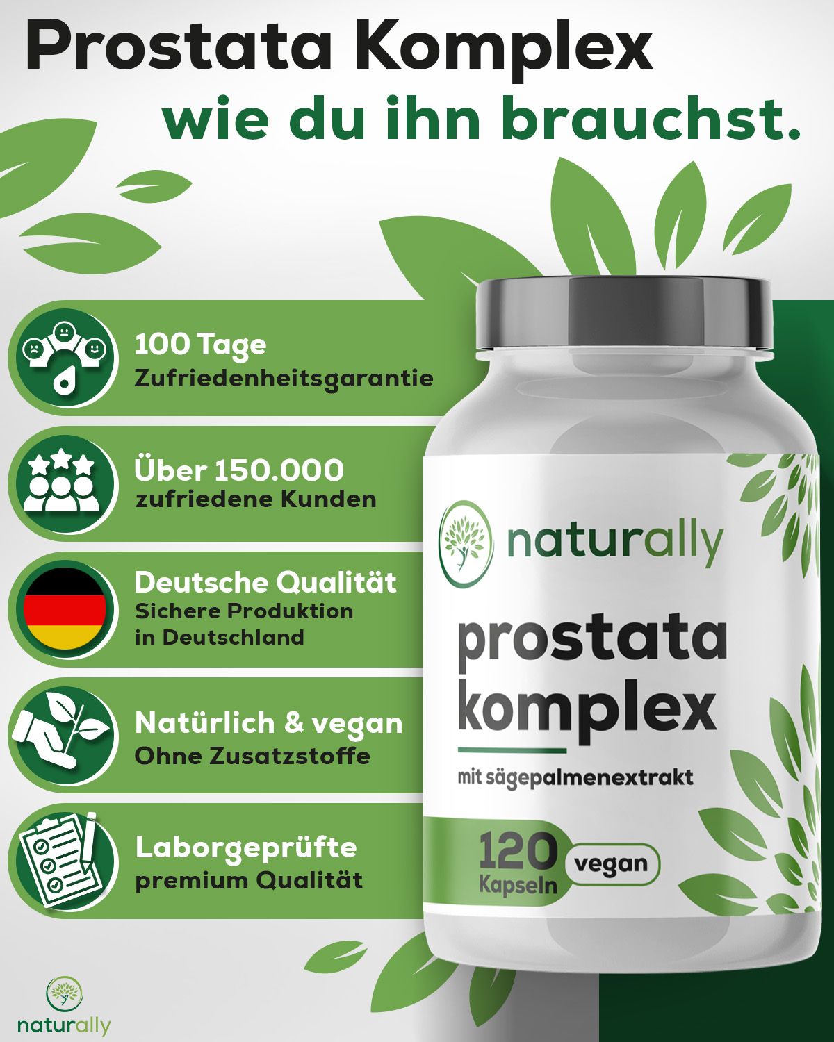 Weiße Flasche mit grünem Etikett. Aufschrift: naturally Prostata Komplex, 120 Kapseln, vegan. 100 Tage Zufriedenheitsgarantie.