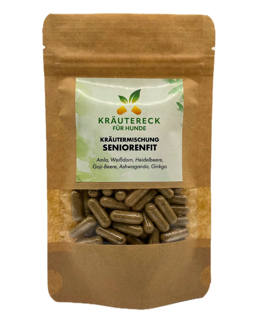 Beutel mit Kräuterkapseln SeniorenFit Hund. Sichtfenster zeigt Kapseln. Aufdruck: Kräutereck, Kräutermischung, Inhaltsstoffe.