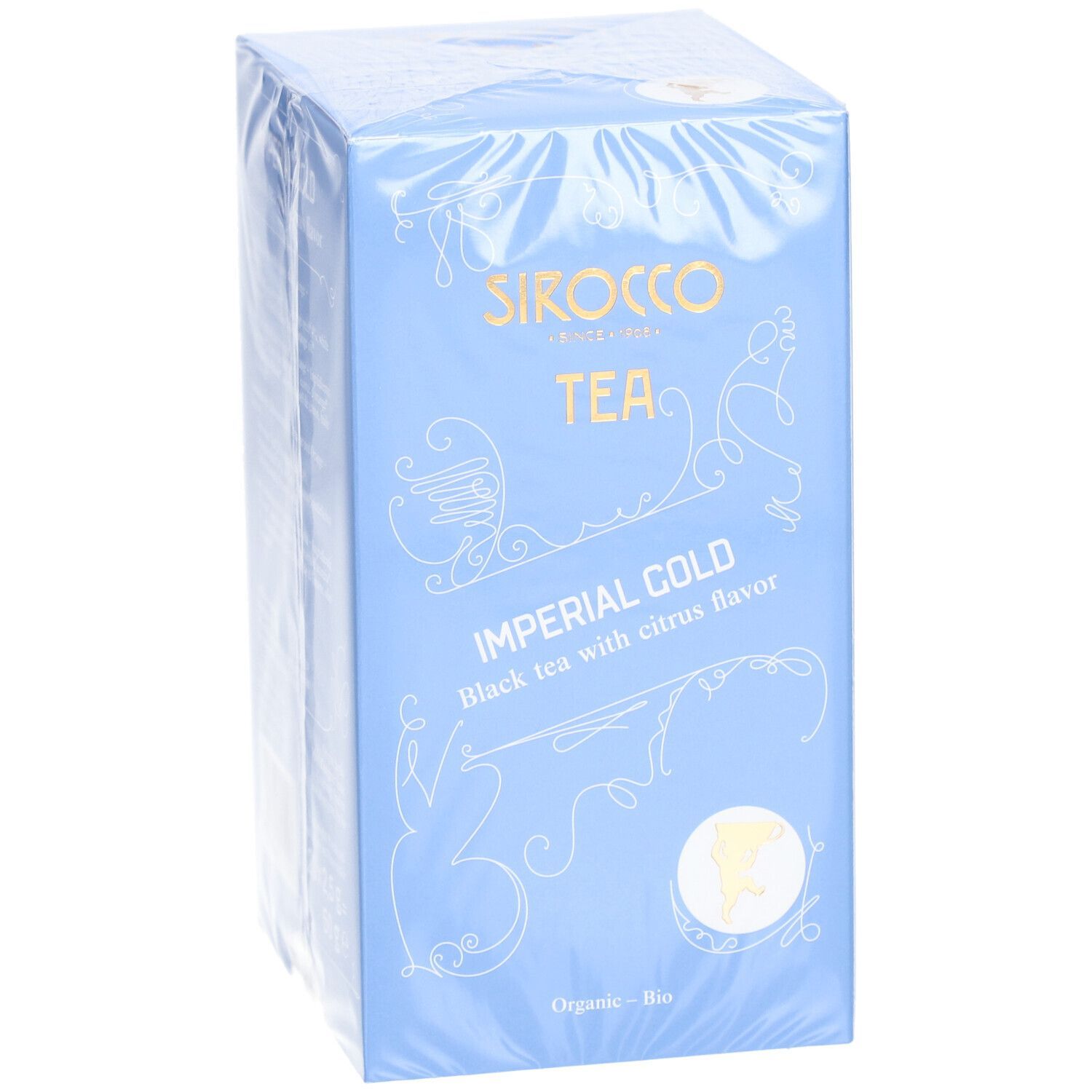Hellblaue Schachtel mit Aufschrift "Sirocco Tea Imperial Cold". Text: "Black tea with citrus flavor". Verpackt in Folie.
