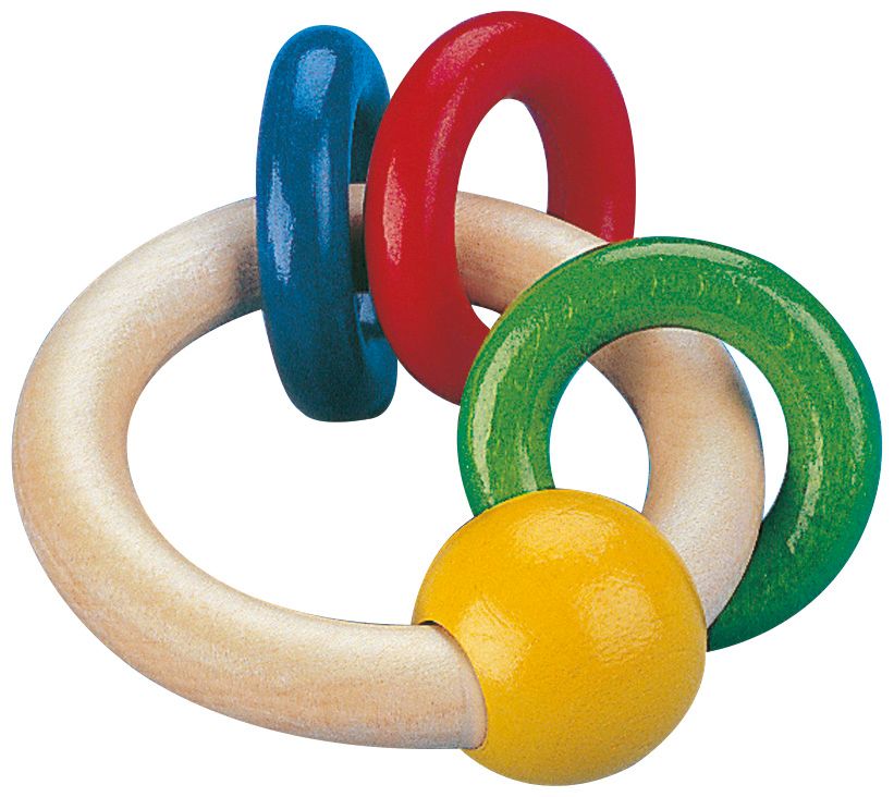 Rassel aus Holz mit drei farbigen Ringen und gelber Kugel. Rundes Design.
