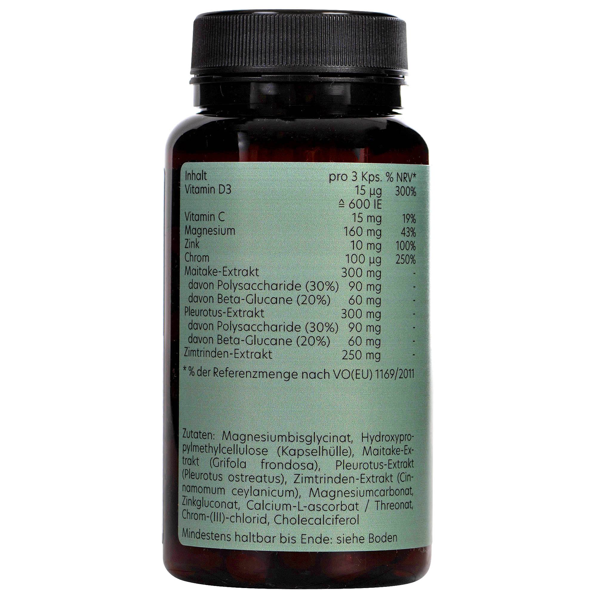 Braune Flasche mit grüner Etikett. Enthält Nahrungsergänzungsmittel. Zutatenliste und Nährwertangaben sind aufgedruckt.
