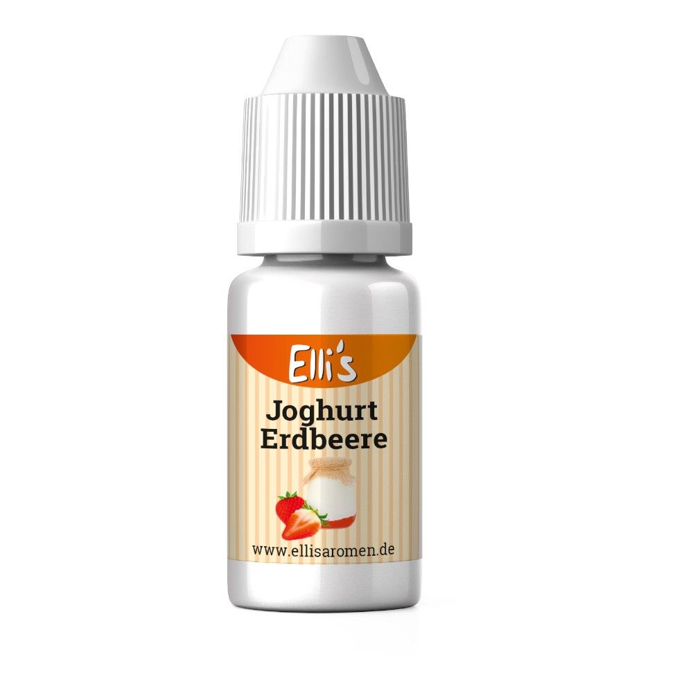 Fläschchen mit weißem Deckel. Etikett mit "Elli's Joghurt Erdbeere", Erdbeere-Illustration und Website.