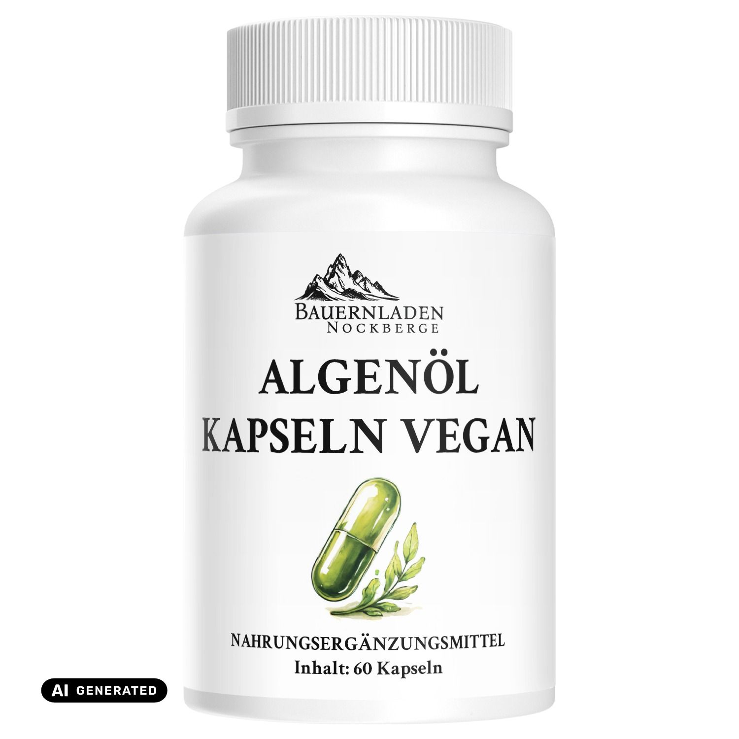 Flasche mit veganen Algenöl-Kapseln. "Nahrungsergänzungsmittel" und "60 Kapseln" sind sichtbar.