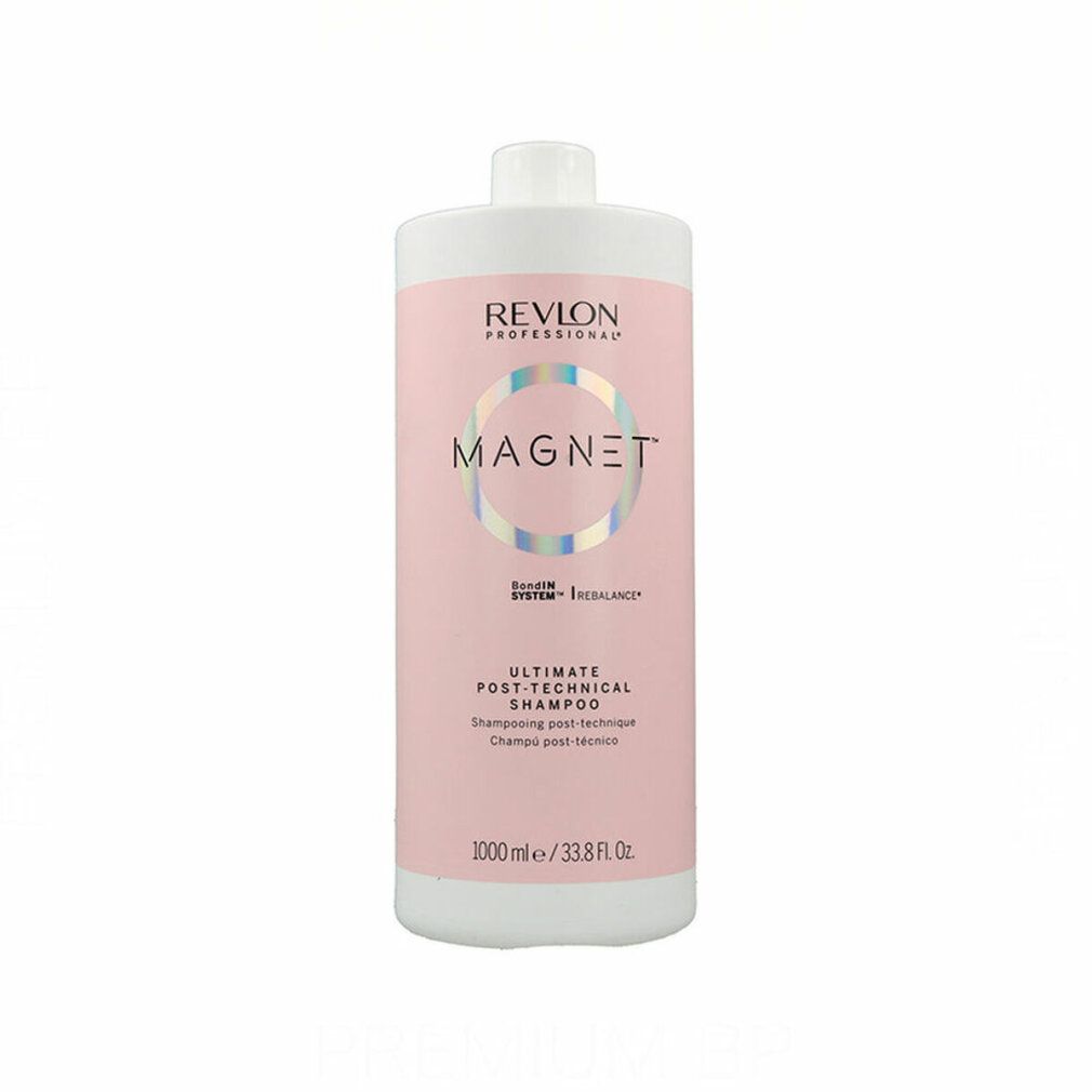 Flasche Shampoo, rosa Etikett mit "MAGNET" und "REVLON PROFESSIONAL". Text: "Ultimate Post-Technical Shampoo".
