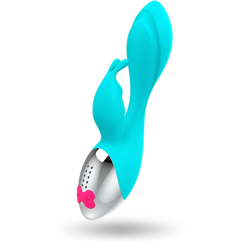 Türkisfarbener Vibrator mit silbernem Kopf und pinkfarbenen Bedienelementen. Hasenohren-Design.