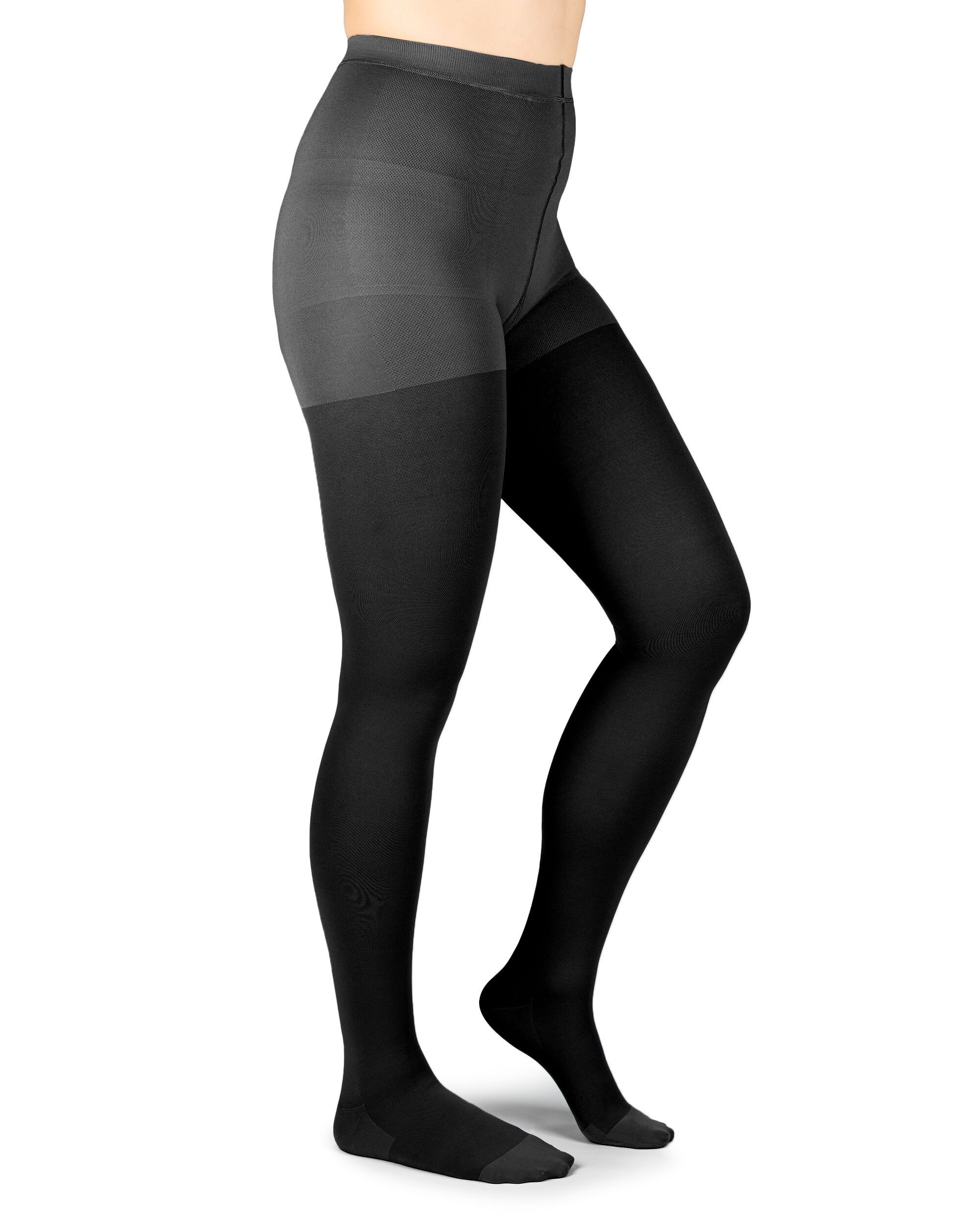 Schwarze Kompressionsstrumpfhose, seitliche Ansicht. Zeigt die gesamte Länge des Produkts.