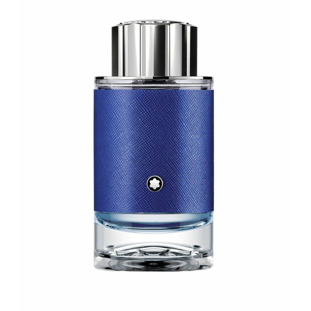 Montblanc Explorer Eau de Parfum Flakon mit blauem Lederband und silbernem Verschluss.