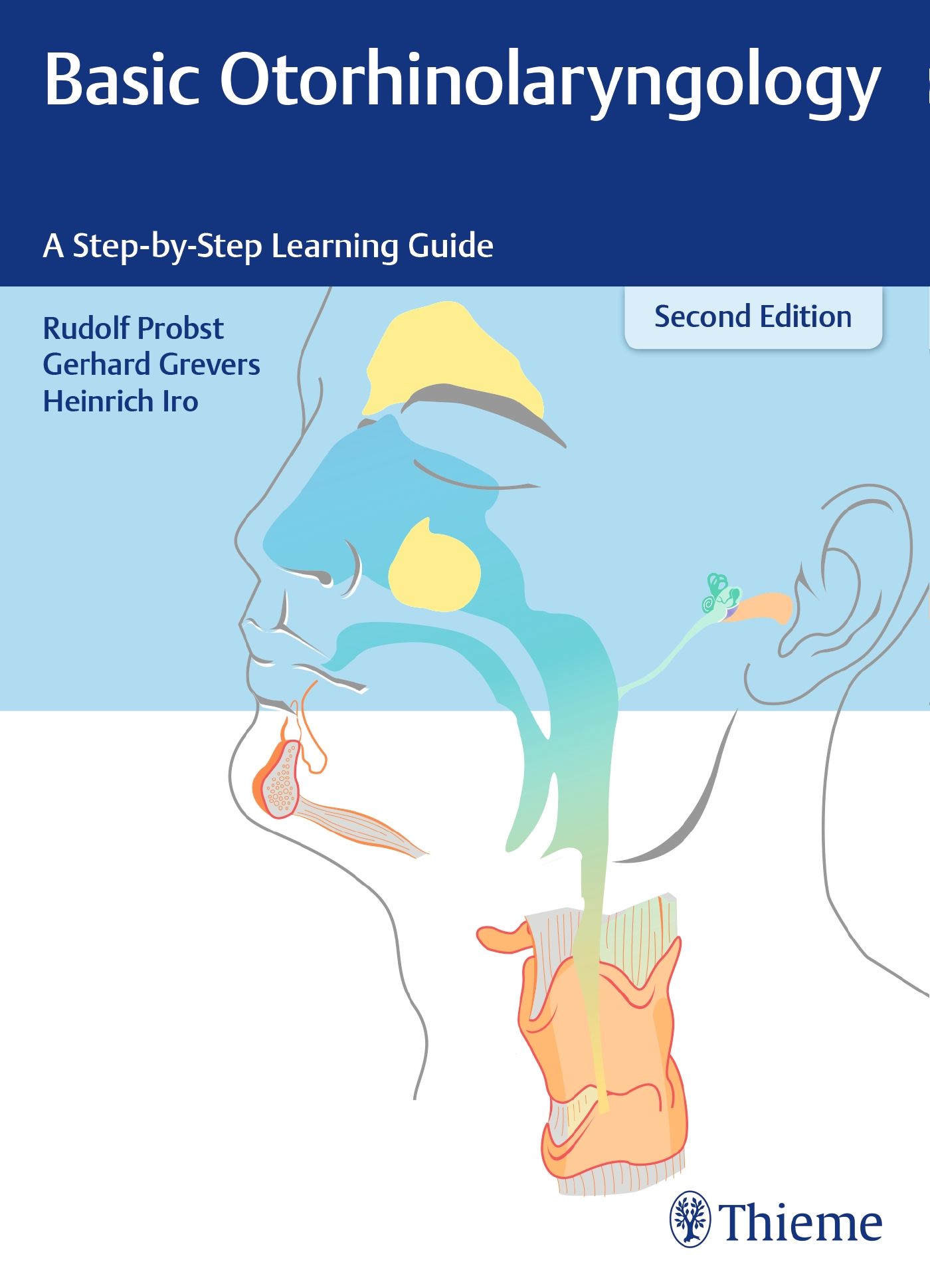 Buchcover mit Titel "Basic Otorhinolaryngology". Illustration eines menschlichen Kopfes mit farbigen Markierungen der Anatomie.