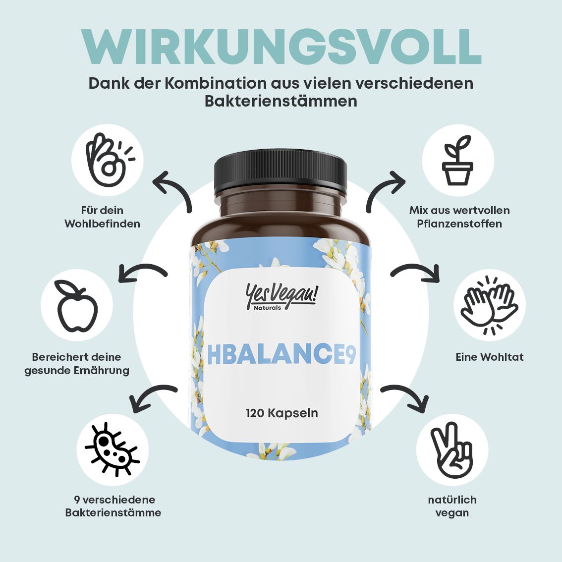 Dose mit 120 Kapseln, umgeben von Icons, die Wohlbefinden und vegane Inhaltsstoffe hervorheben.