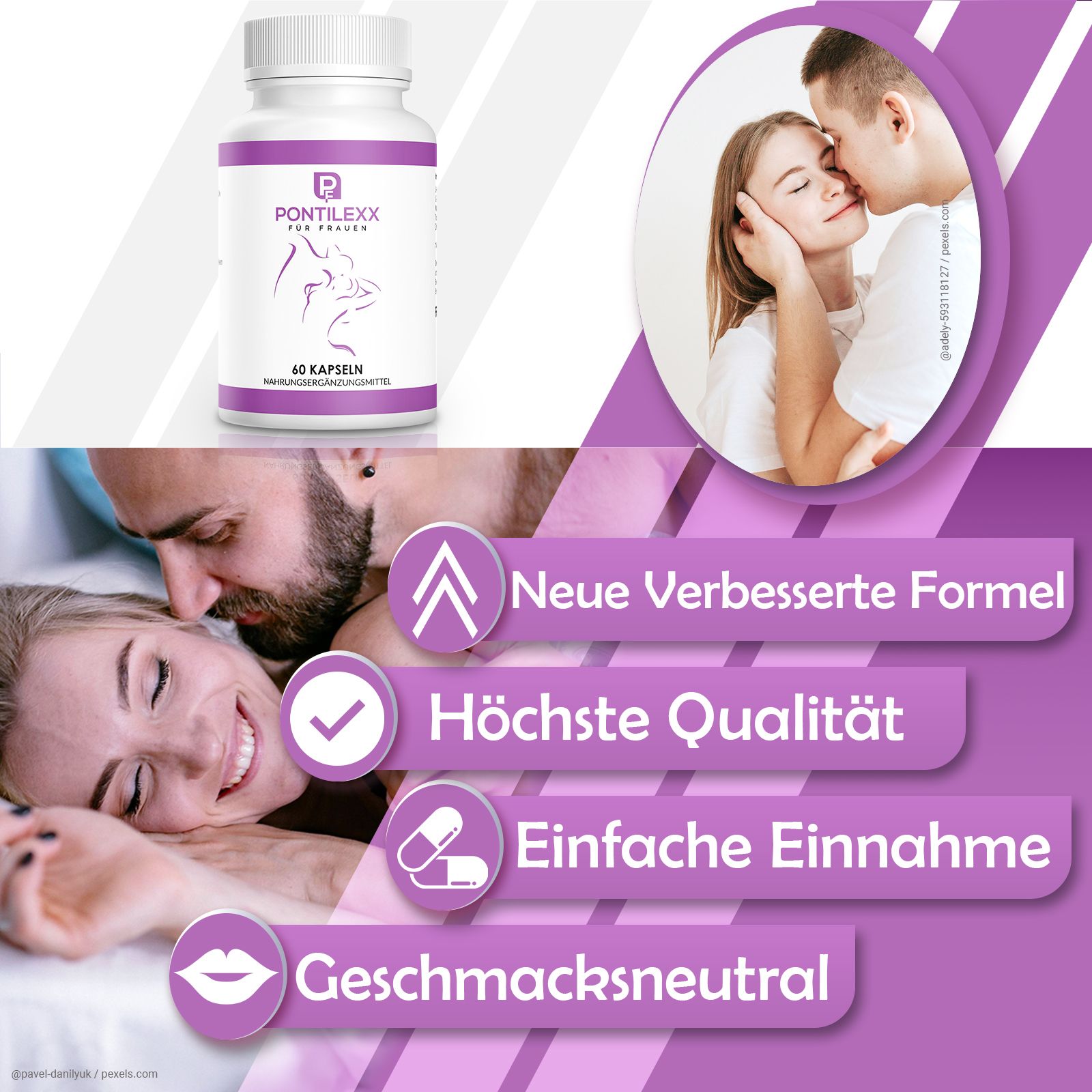 Weißes Pillenfläschchen mit lila Etikett. Aufschrift: PONTILexx für Frauen, 60 Kapseln. Nahrungsergänzungsmittel. Text: Neue verbesserte Formel.