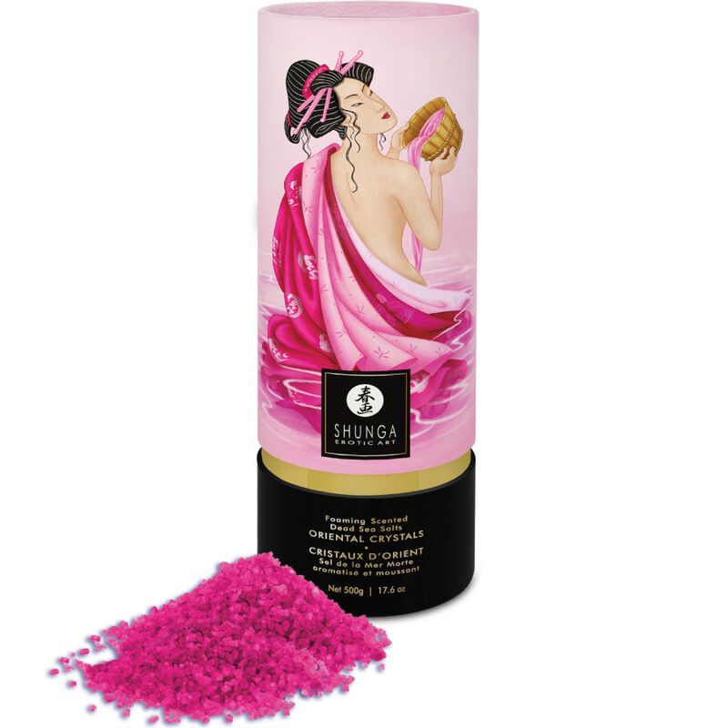 Verpackung Oriental Crystals Aphrodisia Badesalz mit rosa Kristallen.