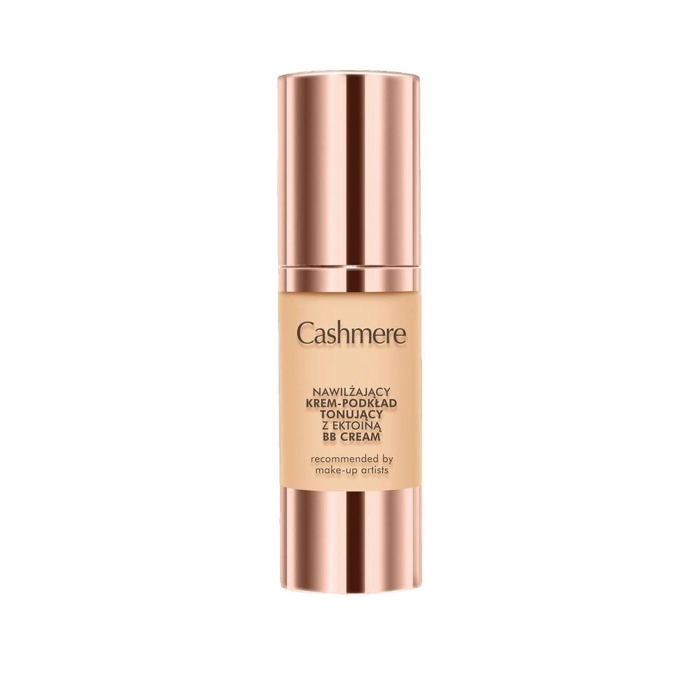 Beige Cashmere BB Cream Flasche mit kupferfarbenem Deckel. Text: Cashmere, BB Cream, empfohlen von Make-up-Artisten.