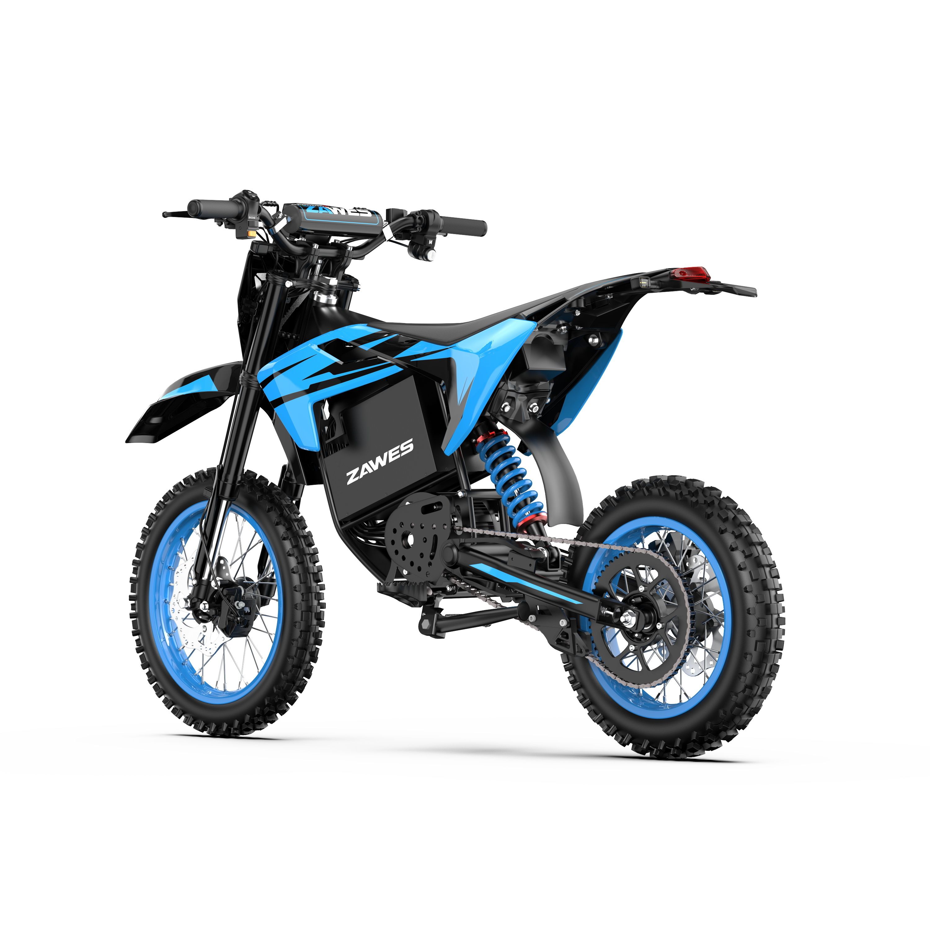 Elektro-Motocross-Motorrad, schwarz und blau. Blaue Felgen, schwarze Reifen. Marke "ZAWES" sichtbar.