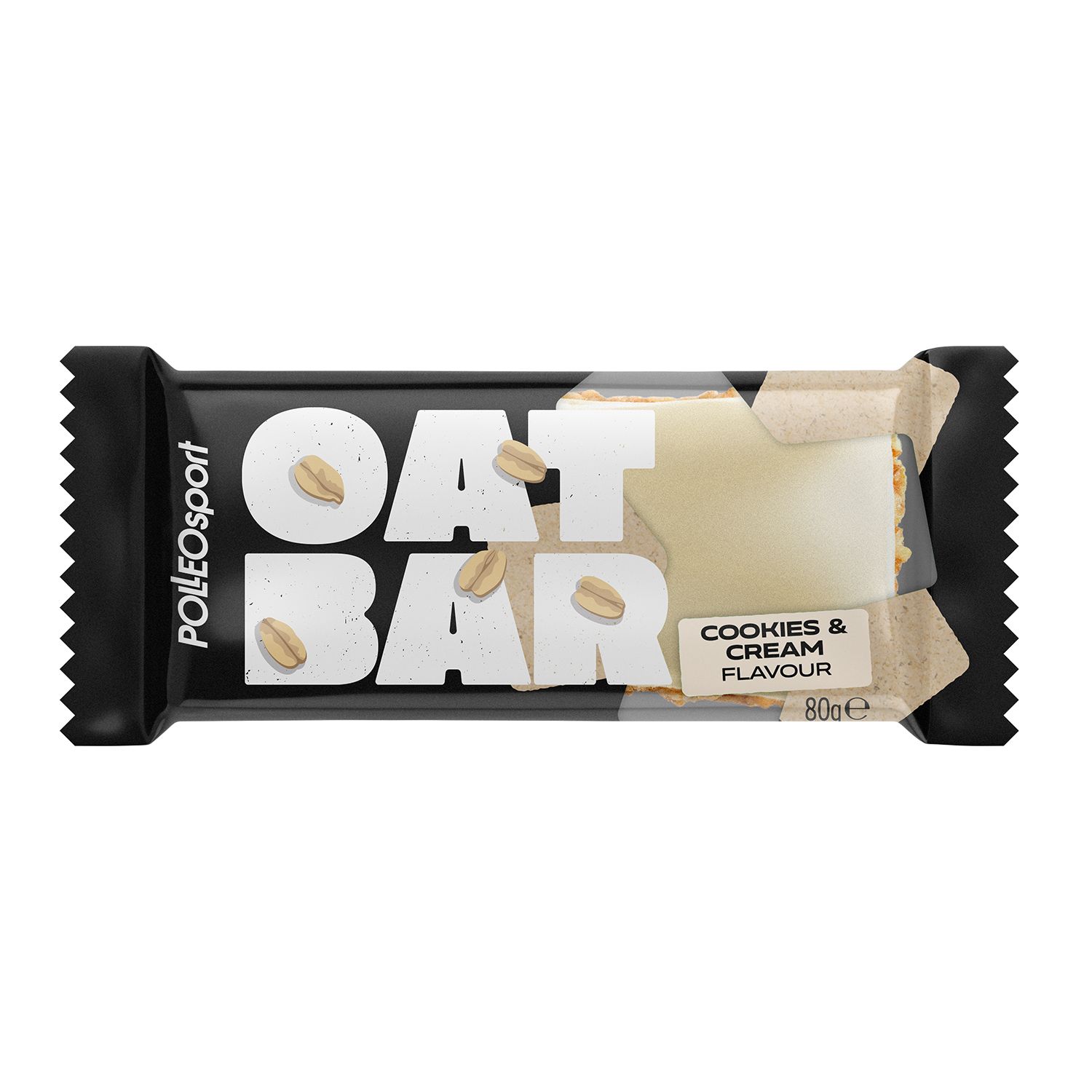 Oat Bar in schwarzer Verpackung. Aufschrift: OAT BAR, Cookies & Cream Flavour, 80g. Marke: PolleoSport.