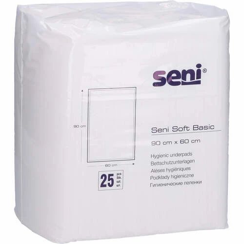 Weißes Paket Seni Soft Basic Bettschutzunterlagen. 90 x 60 cm. 25 Stück. Logo Seni.
