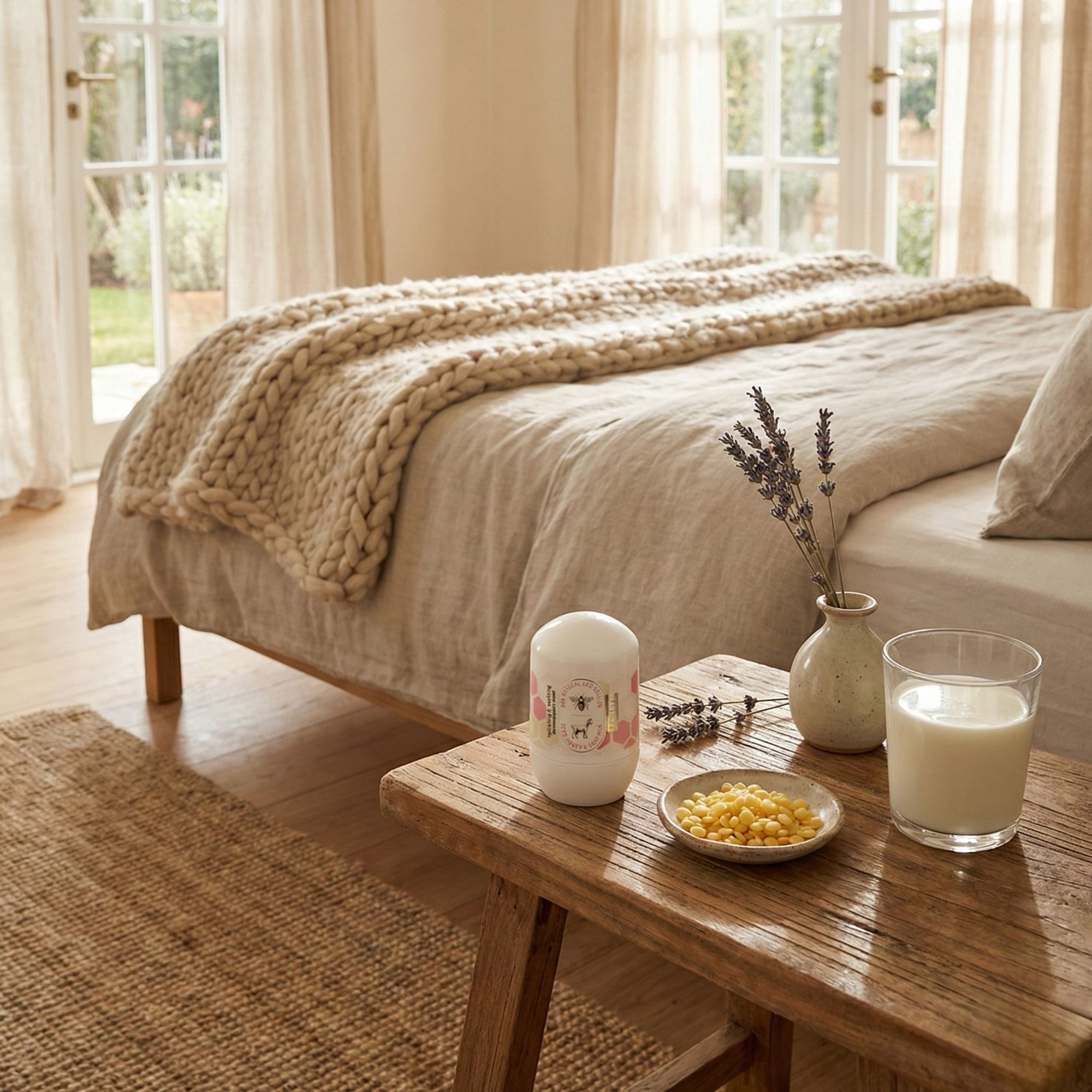 Roll-on-Deo auf einem Holztisch. Neben Lavendel, Honigwaben, Milch und einem Glas. Bett im Hintergrund.