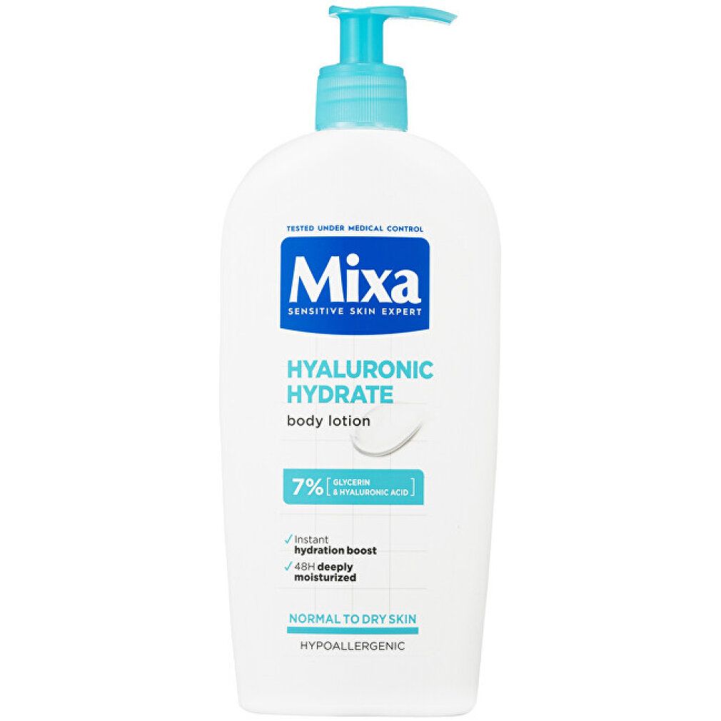Weiße Flasche mit blauem Pumpkopf. Aufschrift Mixa. Text: Hyaluronic Hydrate body lotion, 7% Glycerin & Hyaluronsäure.