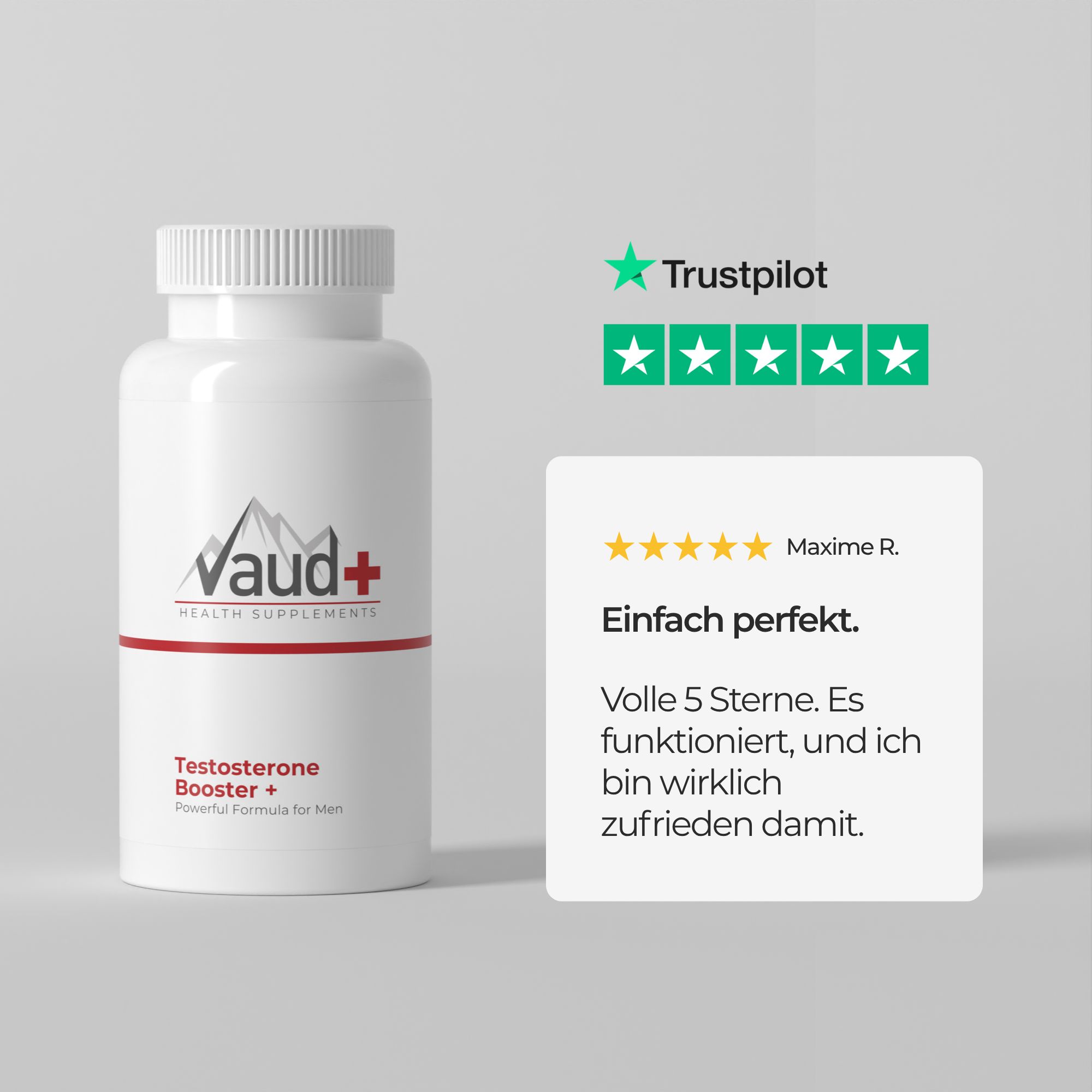 Weiße Flasche mit Kappe. Vaud+ Logo. Text: Testosterone Booster +. Trustpilot Bewertung: 5 Sterne. Kundenbewertung.