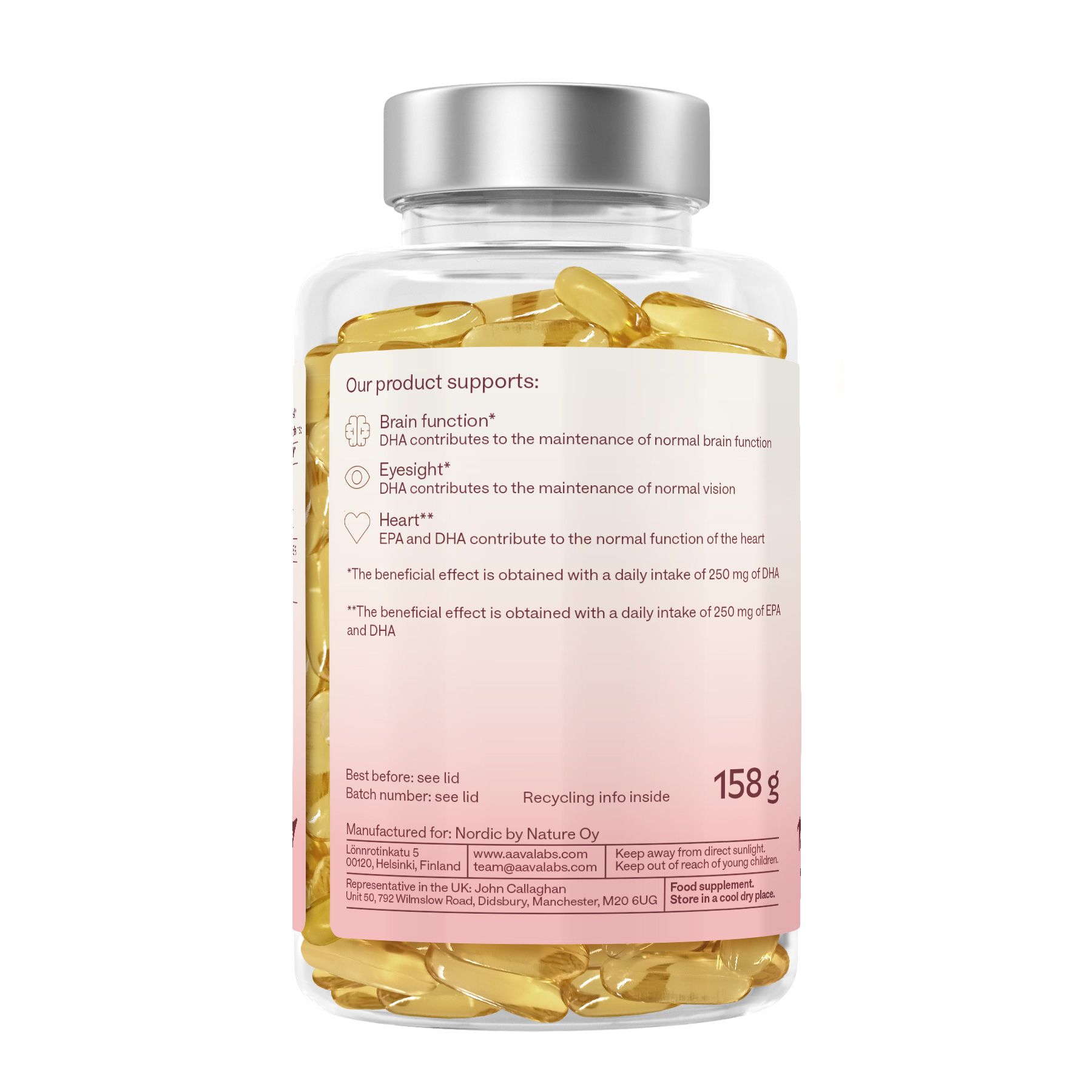 Rückseite der Omega-3-Flasche. Etikett mit Informationen zur Gehirn-, Augen- und Herzfunktion.