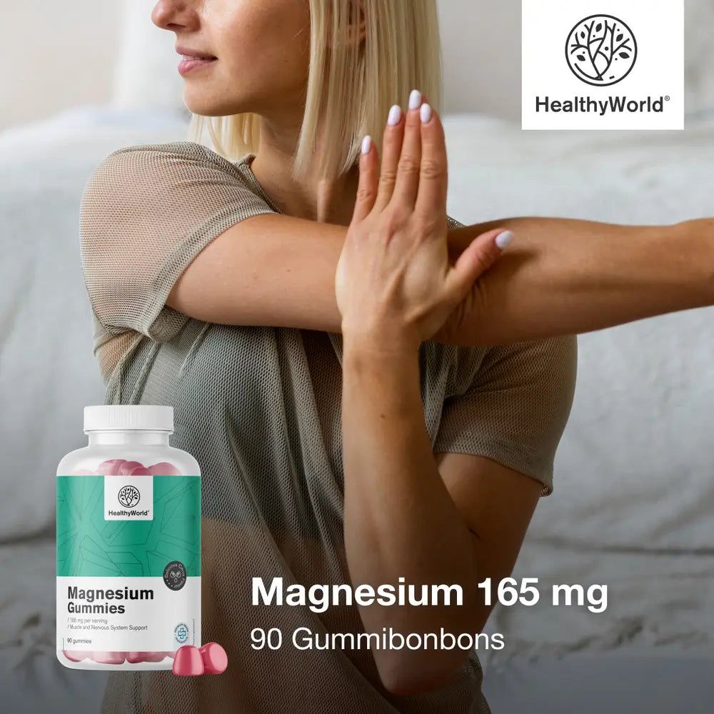 Flasche Magnesium Gummibonbons, 165 mg. "Premium Qualität" Siegel.