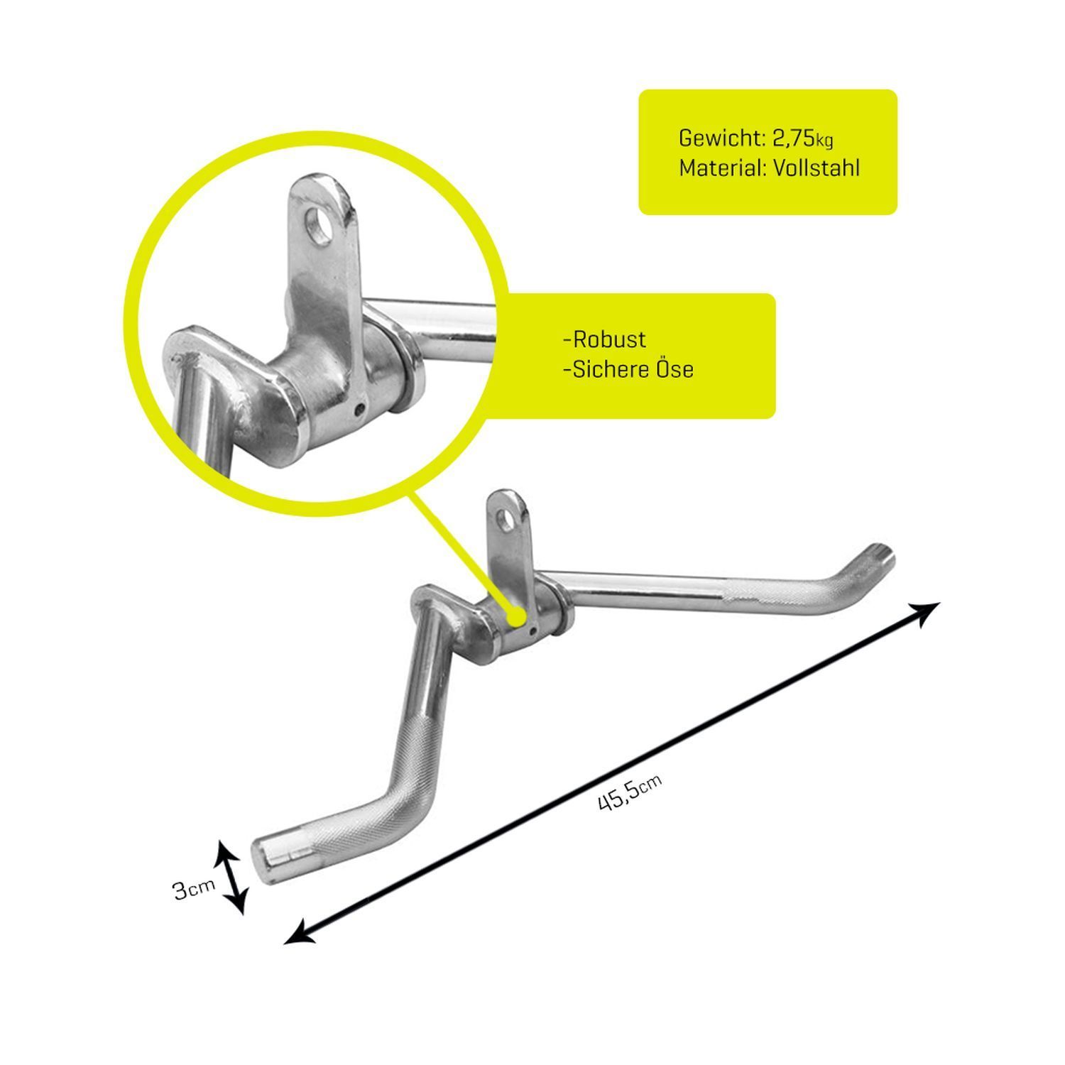 Trizeps Curl Griff aus Vollstahl. Gewicht 2,75 kg, 45,5 cm lang. Robust und sichere Öse. 3 cm breit.