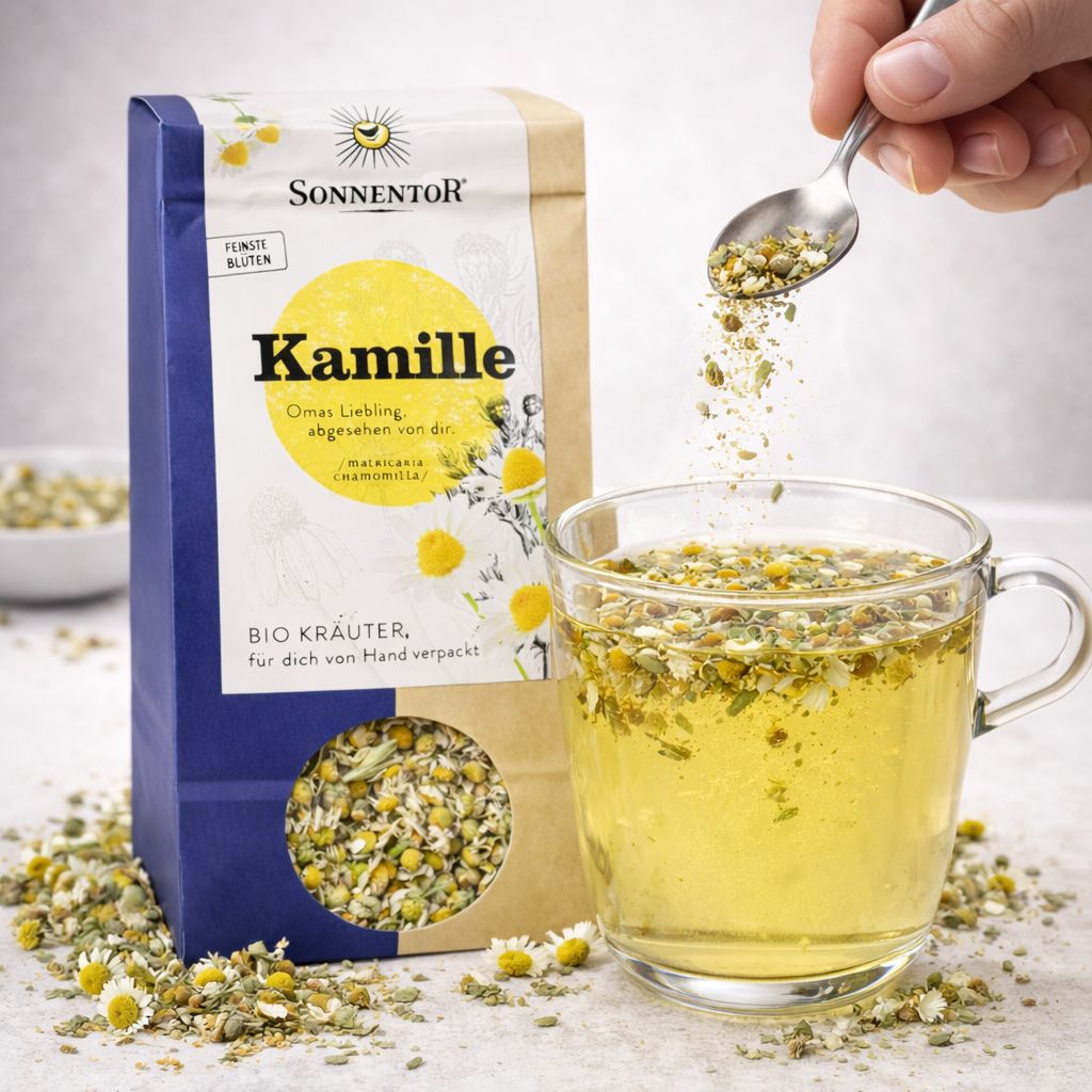 SonnentoR Kamille lose Bio Kräuter in einer Tasse und einer Packung, daneben verstreute Kamillenblüten.