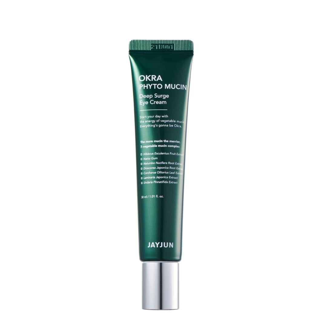 Grüne Tube mit silberner Kappe. Aufschrift: OKRA PHYTO MUCIN Deep Surge Eye Cream. Marke: JAYJUN.