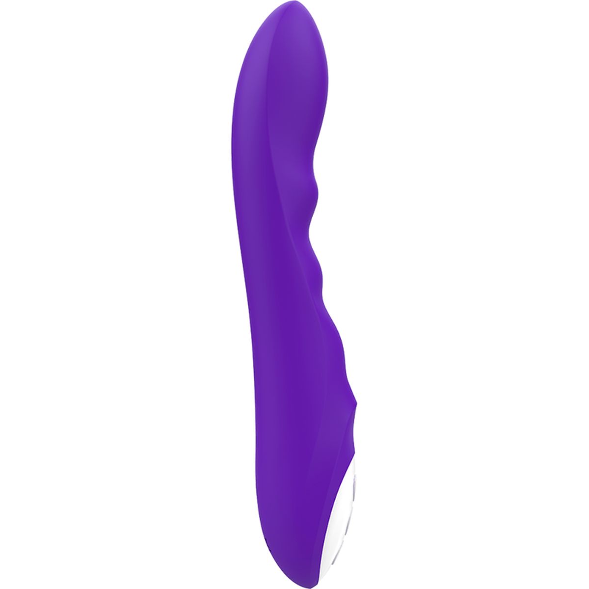 Lila Vibrator, leicht gebogen, mit weißem Bedienfeld. Seitenansicht.