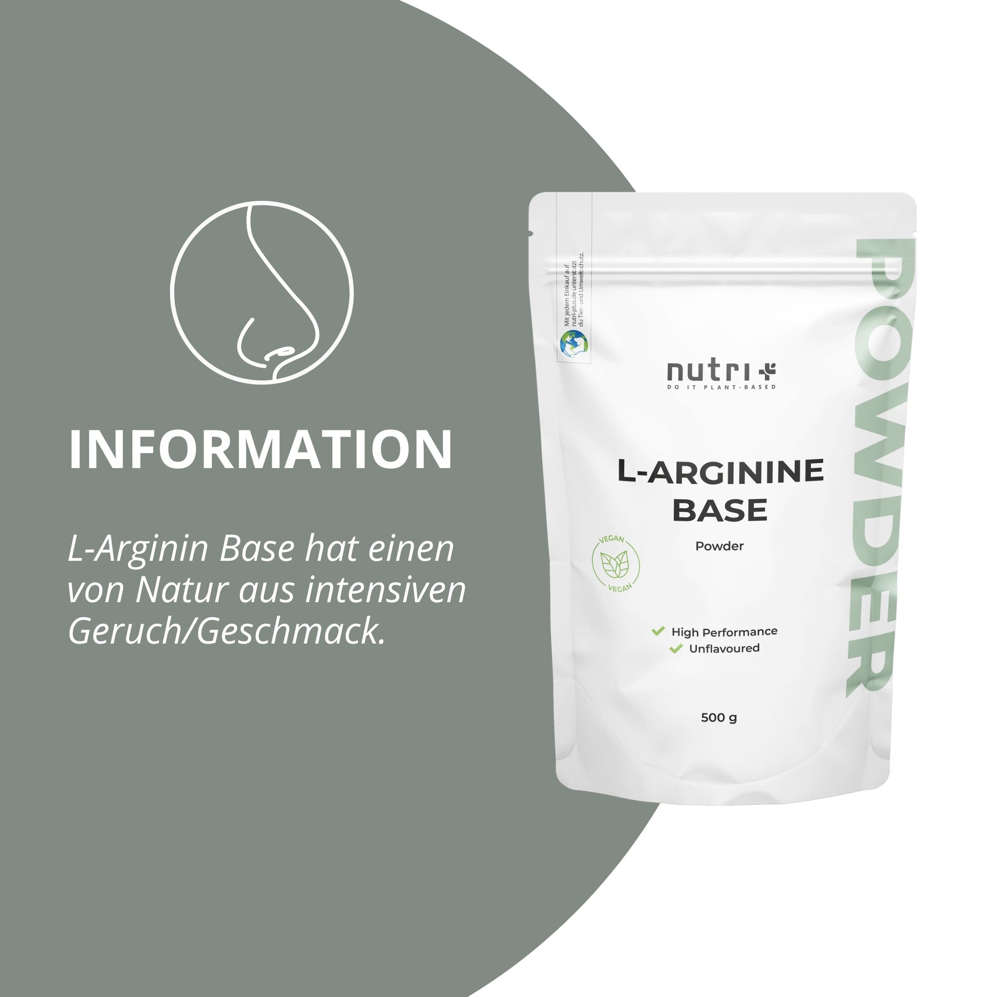 Grafik mit Produkt und Text. L-Arginin Base hat intensiven Geruch/Geschmack.