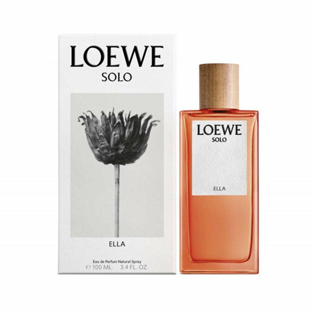 Loewe Solo Ella Eau de Parfum Spray. Flakon und Verpackung. Aufschrift: Loewe Solo, Ella. Abbildung einer Blume auf der Verpackung.