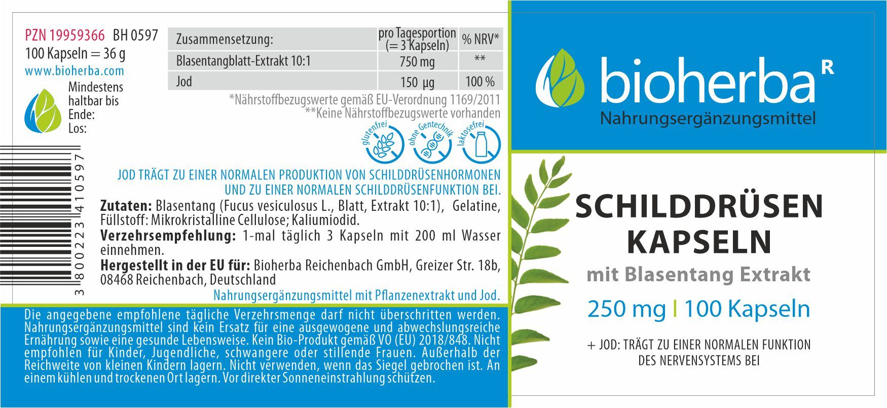Produktetikett mit Informationen zu Inhaltsstoffen und Dosierung. Enthält Text in deutscher Sprache. Marke: Bioherba.