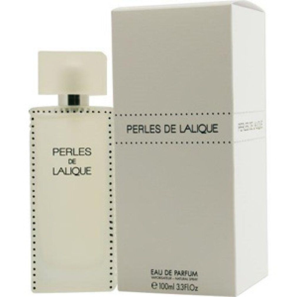 Flakon und Verpackung von Perles de Lalique Eau de Parfum Spray. Rechteckiger Flakon mit quadratischem Deckel. Verpackung mit Produktnamen.