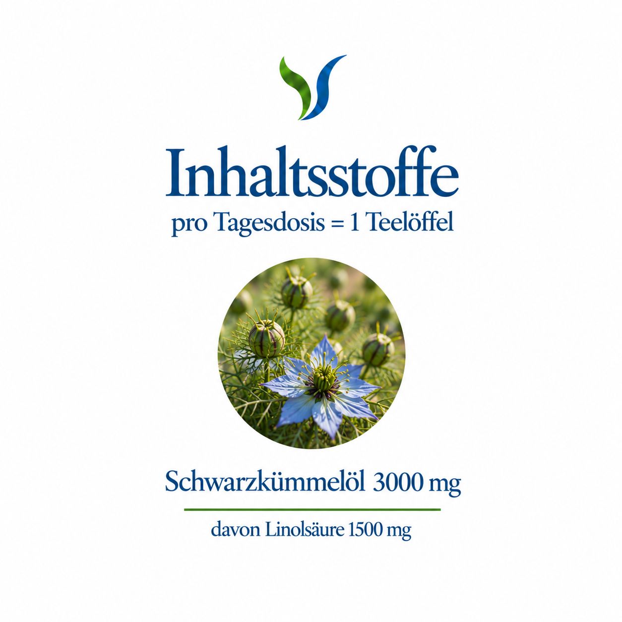 Inhaltsstoffe pro Tagesdosis: Schwarzkümmelöl 3000 mg, davon Linolsäure 1500 mg.