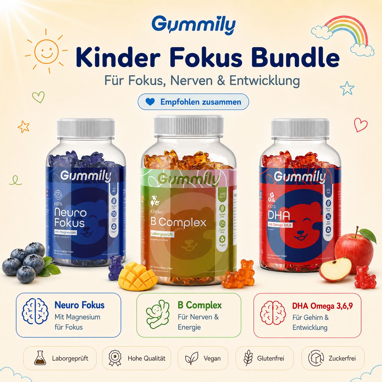 Gummily Kinder Fokus Bundle: Neuro Fokus, B Complex, DHA Omega 3. Flaschen mit Früchten und Gummibärchen.